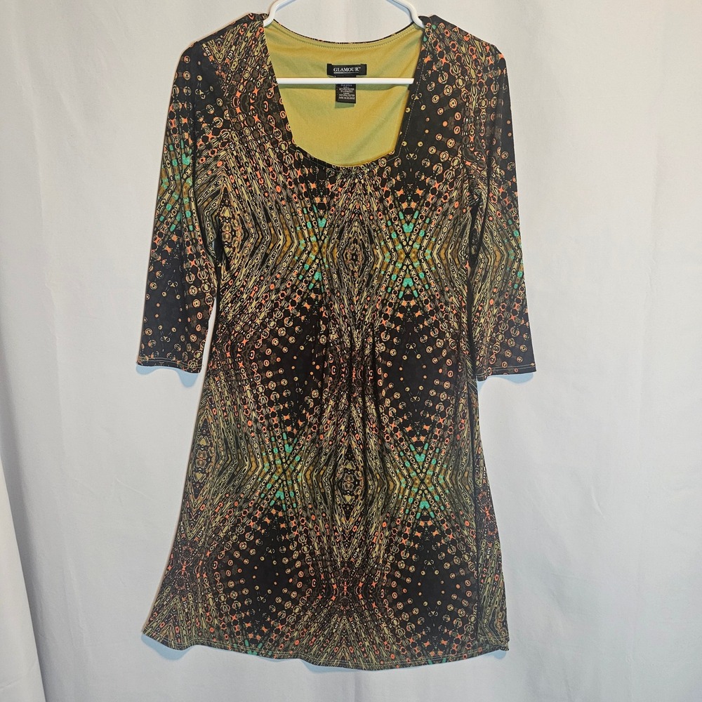 Glamour Dress Petite 4P Black Gold Green Geometric Peacock 3/4 Sleeve Casual
